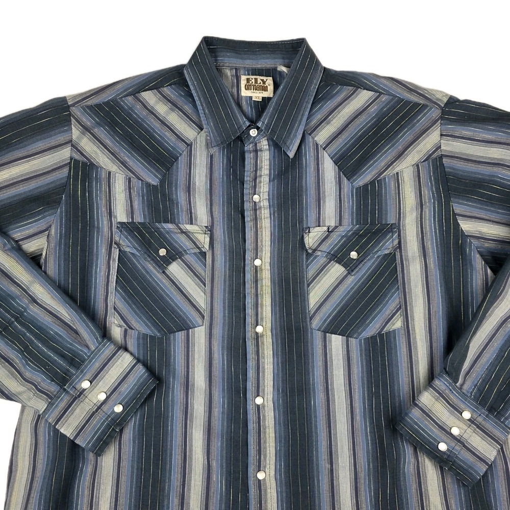 Vintage ELY Cattlemen Pearl Snap Western Shirt Mens XL Gold Metallic Stripe